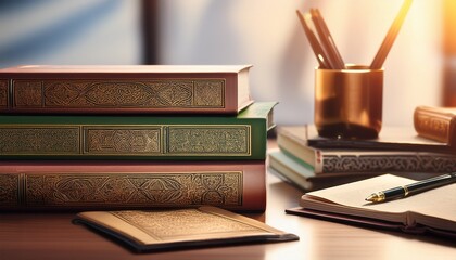 a close up of islamic finance books and study materials on a desk