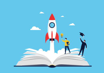 Open book launches rocket symbolizing educational achievement and launching new ideas into the sky