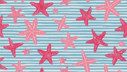 seamless starfish pattern on striped background in hand drawn watercolor style pink and blue marine design with soft brush texture ideal for summer fabric or wallpaper and vacation inspired decor