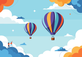 Obraz premium Two vibrant hot air balloons gracefully ascend into the vast blue sky surrounded by fluffy white clouds and a few scattered stars