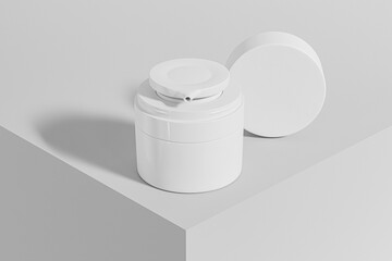 White Cosmetic bottle mockup, short acrylic airless pump cream container, luxury cylindrical lotion bottle, opaque white acrylic skincare Packaging with pump dispenser, plastic cream jar vacuum bottle