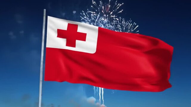 A digitally rendered depiction of the Tonga flag waving proudly against a backdrop of celebratory fireworks.