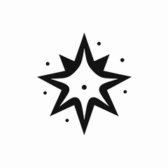 Striking geometric starburst with surrounding dots against white background, a bold silhouette