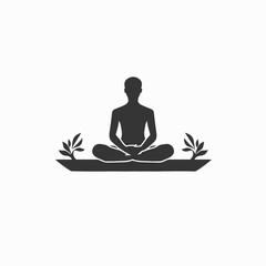 Meditating person sitting cross legged with plants and mat background silhouette