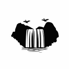 Majestic waterfall cascading between mountainous cliffs depicted as a stunning vector silhouette