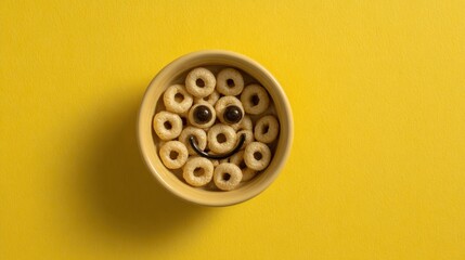 Cheerful Bowl of Cereal with Smiley Face on Bright Yellow Background