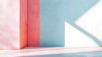 A minimalist, geometrically structured room with a pink and blue color scheme, featuring a concrete floor and walls, and a large window casting light through a white triangle.