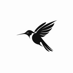 Artistic minimal vector rendering of flying hummingbird, black and white silhouette