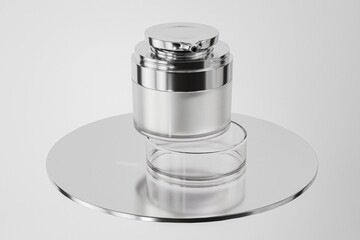 silver skincare pump bottle mockup, double wall acrylic facial moisturizer container, metallic electroplating cosmetic bottle, short cylindrical shape lotion packaging with airless pump dispenser