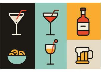Flat Minimal Drink Icons Vector with Cocktail, Wine, and Beer