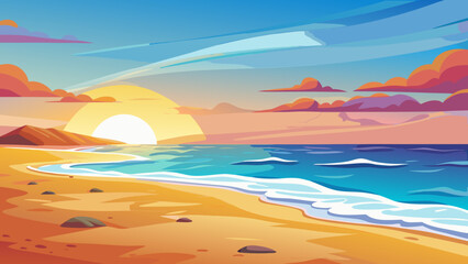 A serene beach at sunset with gentle waves lapping the shore and colorful clouds