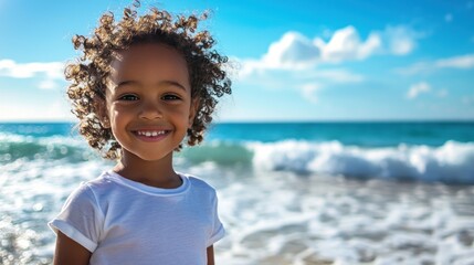 A young girl with curly hair standing on a beach with the ocean in the background.