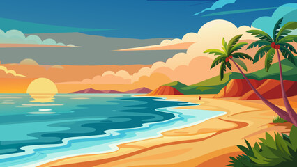 Obraz premium A serene beach scene featuring palm trees, calm waves, and a vibrant sunset