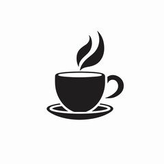 Steaming coffee cup with saucer illustration, presented in black silhouette