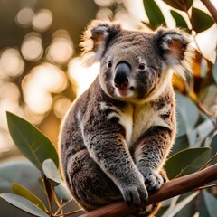 Obraz premium Adorable koala clinging to eucalyptus branch bathed in warm golden hour sunlight