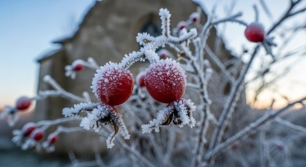 Frost-covered red berries on winter tree branches with hoarfrost crystals