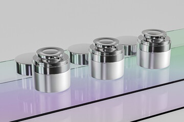 Luxury Silver skincare pump bottle mockup, double wall facial moisturizer container, electroplating cosmetic bottle, cylindrical shape lotion packaging with metallic airless pump dispenser mockup