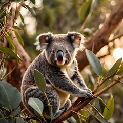 Fototapeta premium Adorable koala clings to eucalyptus branch soaking in warm golden hour sunlight