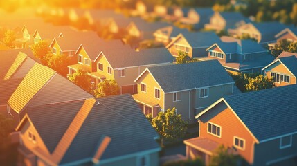 Obraz premium A serene, sunlit suburban neighborhood with colorful houses and lush green trees, under a golden sky.