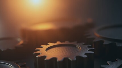 Interlocking metal gears in abstract style, perfect for process optimization, mechanical concepts, or technology infrastructure.