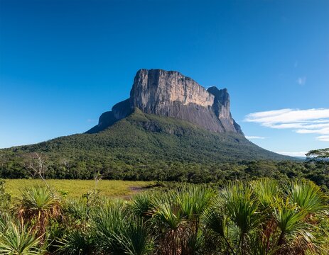 majestic mount roraima tepui rising above verdant jungle landscape in canaima national park venezuela under clear blue skies perfect destination for adventure travel