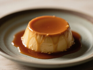 Close-up of a creamy caramel pudding served on a ceramic plate with caramel sauce dripping on the sides. Sweet and delicious custard dessert, perfect for menu, recipe, or food photography.