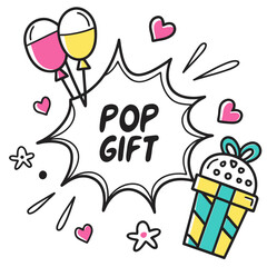 Pop Art style gift shop logo, cute and colorful, bold black outlines