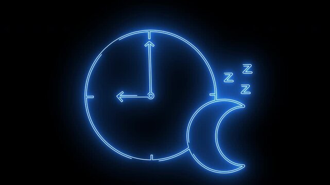clock and crescent moon icon symbolizes sleep time with neon effect