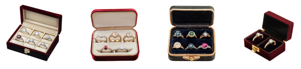 Rings displayed in velvet box, isolated on white isolated on transparent background
