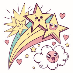  Comic explosion with kawaii stars and hearts, bright pastel neon tones, halftone pattern