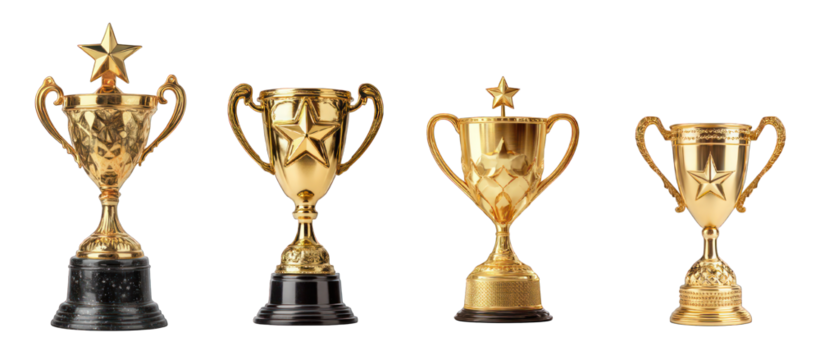 gold trophy cups with star, isolated on white background, symbolic achievement and positivity.