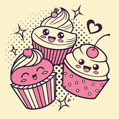 Kawaii cupcakes in Pop Art comic style, bright neon pastel palette, bold outlines, halftone accents, vector design