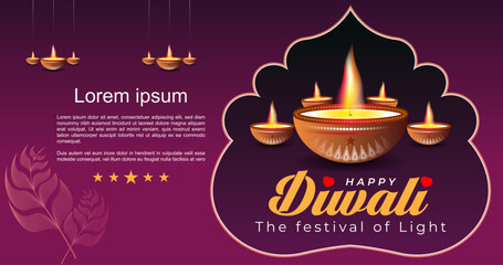 Happy Diwali Vector Festival Post Design with Oil Lamp and Mandala and Line Art.  Indian Diwali Festival Celebration with line Art Leaves. Diwali Greeting Card