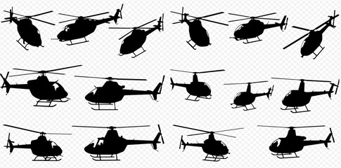 Multiple black silhouettes of a helicopter shown from various angles. © Adji