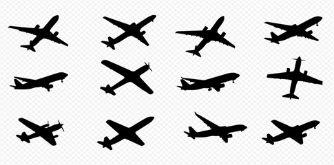 Collection of twelve airplane silhouettes, various designs and angles.