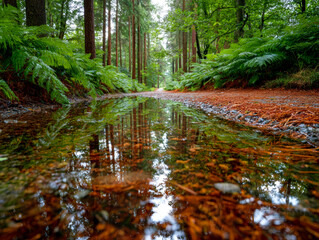 Serene Forest Pathway with Lush Greenery and Reflected Water