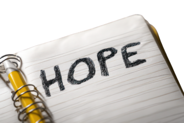 open notebook with handwritten text HOPE, isolated on white background, symbolic positivity design