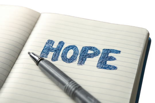 open notebook with handwritten text HOPE, isolated on white background, symbolic positivity design. 