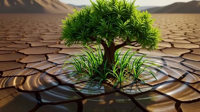 Water drop transforming desert ground into growing tree