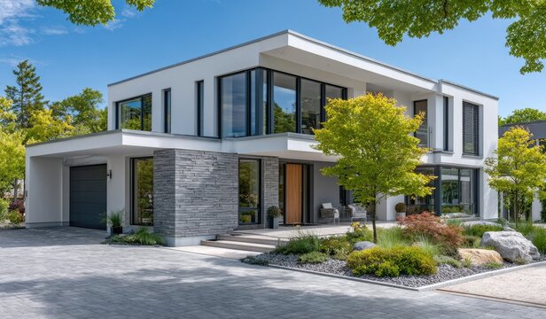 a modern family house in germany, with three floors, white walls, and contemporary architecture