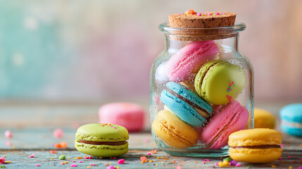 Colorful French macarons in a glass jar with pastel background &ndash; sweet dessert cookies for celebration and bakery concept