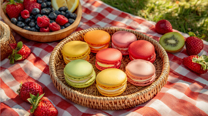 summer picnic scene featuring a basket filled with colorful French macarons, fresh strawberries, and raspberries, alongside a glass of chilled ros&eacute; wine on a classic red and white checkered blanket