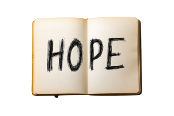 open notebook with handwritten text HOPE, isolated on white background, symbolic positivity design.