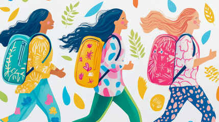 Naklejka premium Vibrant illustration depicting three diverse and smiling women with colorful backpacks, happily striding forward together amidst abstract natural elements, symbolizing friendship, outdoor adventure, a