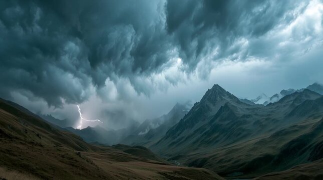 Wide cinematic view of a dramatic storm as dark, swirling clouds roll over a rugged mountain range. A single lightning bolt strikes a distant peak, creating an epic, high-contrast atmosphere.
