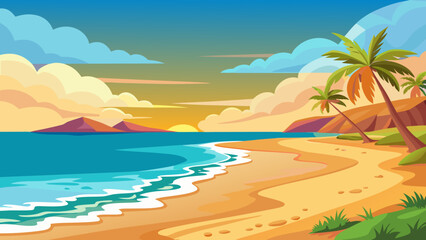 Obraz premium Vector art of beautiful tropical beach landscape with palm trees, golden sand, and a serene ocean at sunset, creating a perfect vacation paradise scene