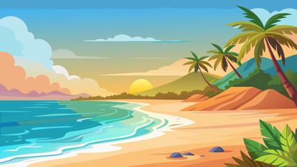 Obraz premium Vector art of a vibrant tropical beach scene with palm trees, gentle waves, and a colorful sunset sky, perfect for a relaxing vacation getaway