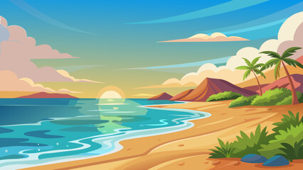Obraz premium Vector art of a tranquil beach landscape with palm trees, mountains, and a colorful sunset reflecting on the ocean, creating a serene and idyllic vacation spot
