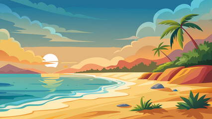 Obraz premium Vector art of a serene tropical beach landscape with palm trees, golden sand, and a calm ocean under a vibrant sunset sky, perfect for a relaxing vacation getaway