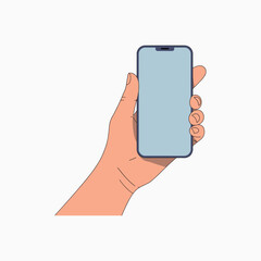 Hand holding modern smartphone with blank screen, mobile device mockup illustration, digital technology, app design template, communication gadget, touchscreen phone isolated on background.